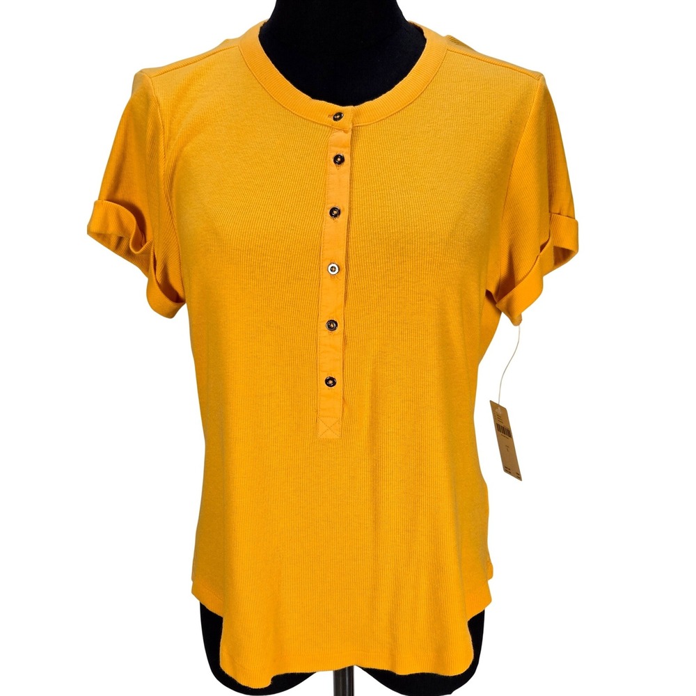 Women's Pilcro Large NWT Orange Ribbed Henley Short Sleeve‎ Rolled Cuff Top